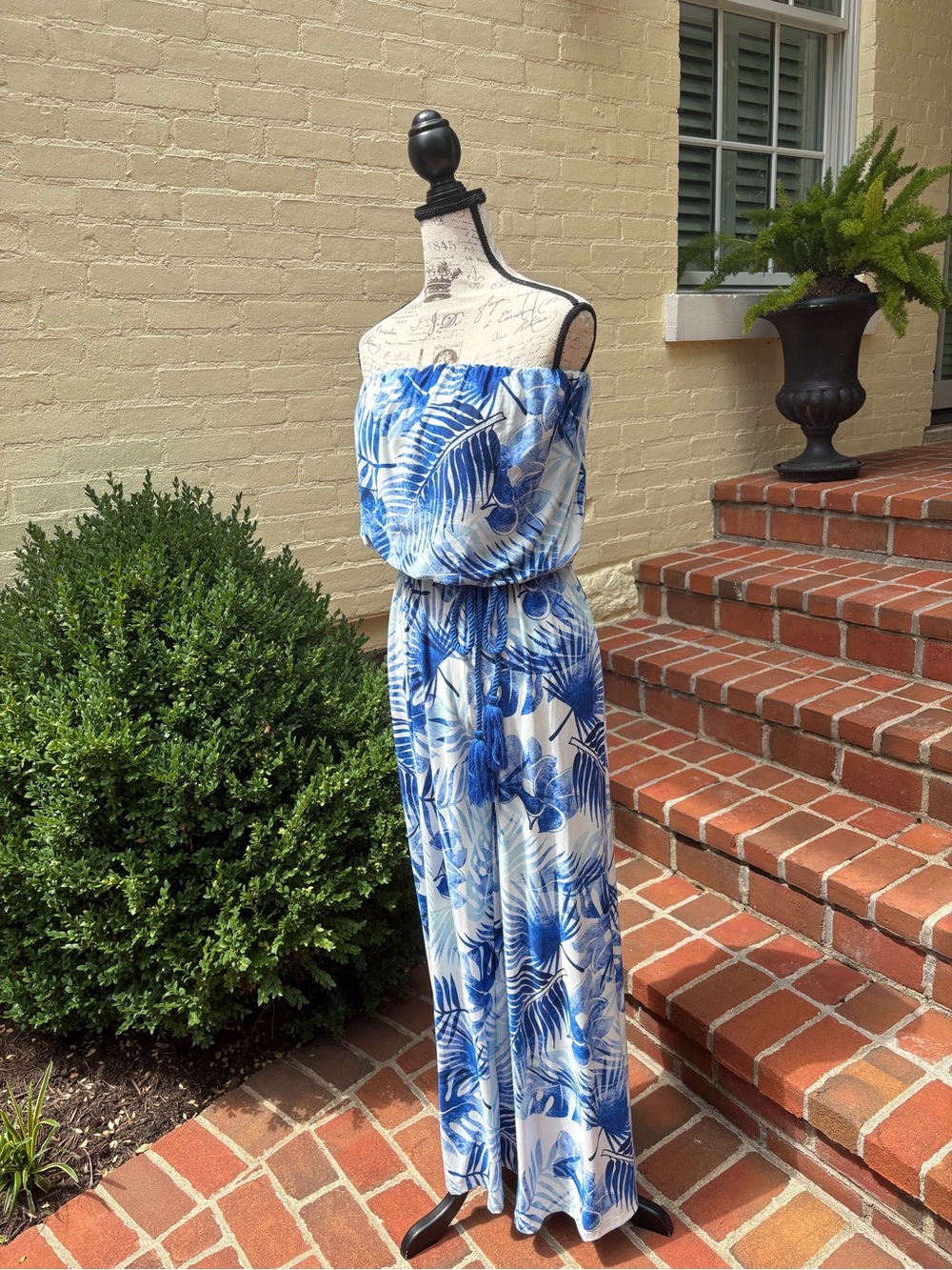 Strapless Blue Tropical Print Jumpsuit M - Picture 4 of 5